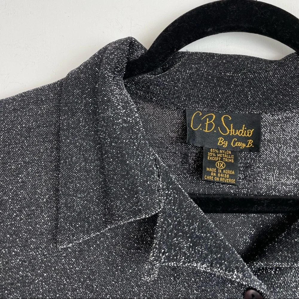 Vtg C.B. Studio Womens Silver Metallic Button Down Sparkle Holiday Top
